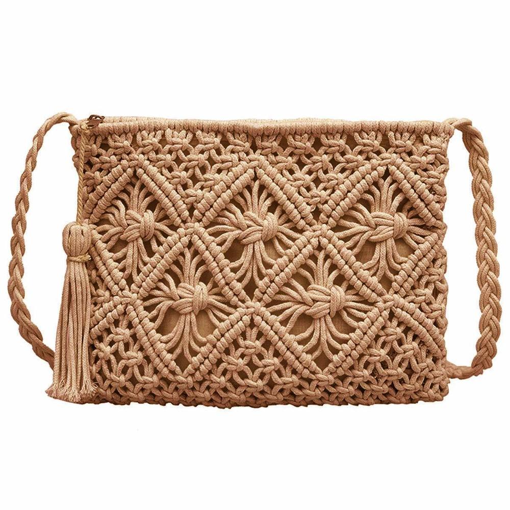 Small Fringed Cotton Crochet Cross-Body Shoulder Bag Bohemian Beach o_o